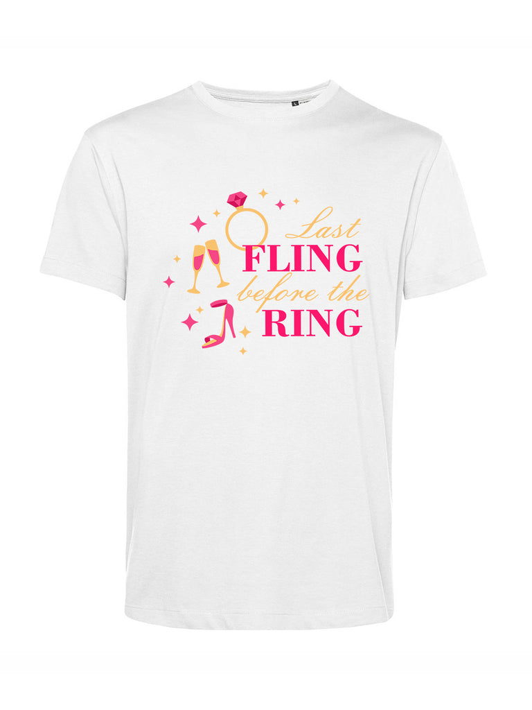 Magliette addio al nubilato bianca con scritta "Last fling before the ring", Teetogo