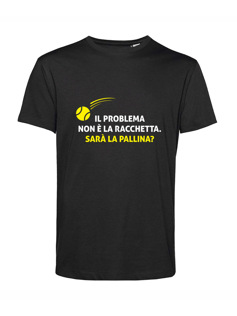 Maglietta con scritta divertente di tennis "Il problema non è la racchetta. Sarà la pallina?", tshirt nera, Teetogo