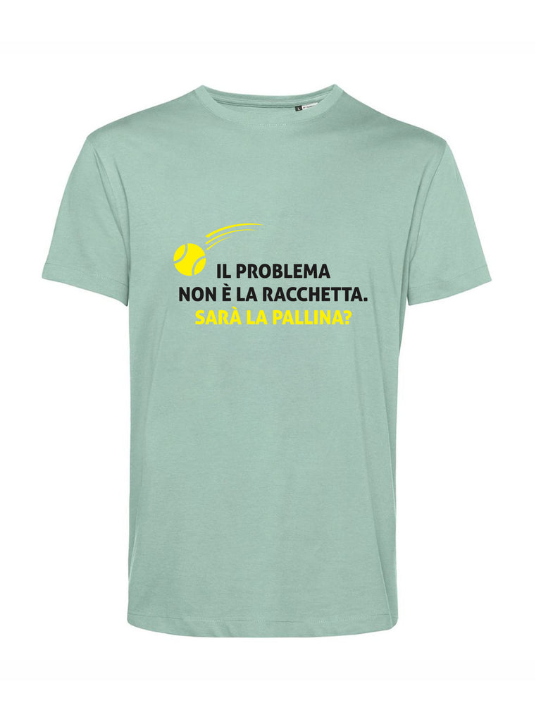 Maglietta con scritta divertente di tennis "Il problema non è la racchetta. Sarà la pallina?", tshirt verde, Teetogo