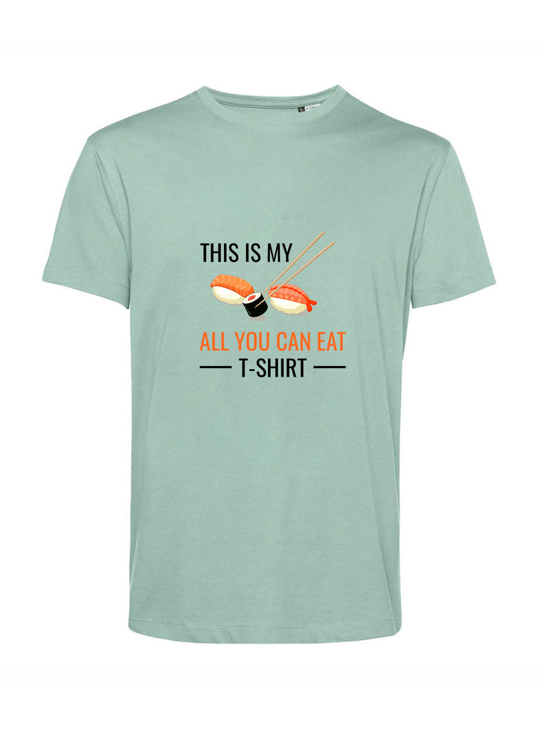 Maglietta verde con disegno sushi e scritto "My all you can eat t-shirt" 