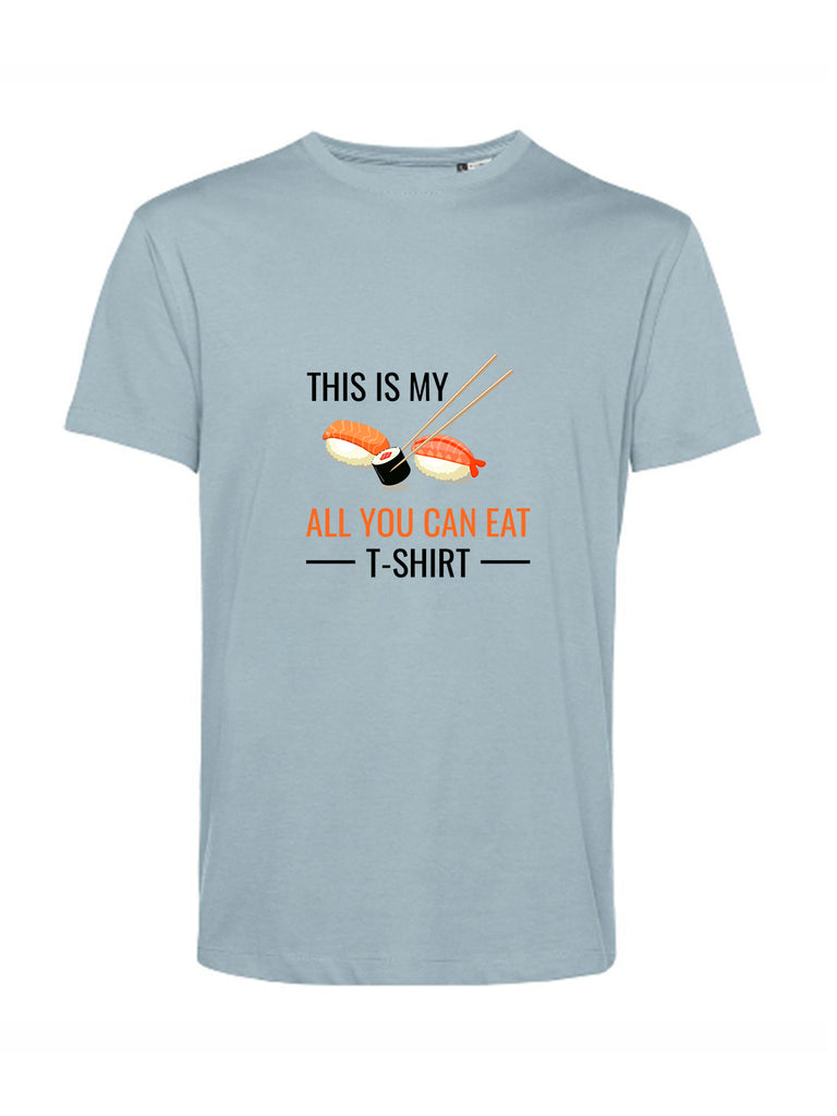 Maglietta grigia con disegno sushi e scritto "My all you can eat t-shirt" 