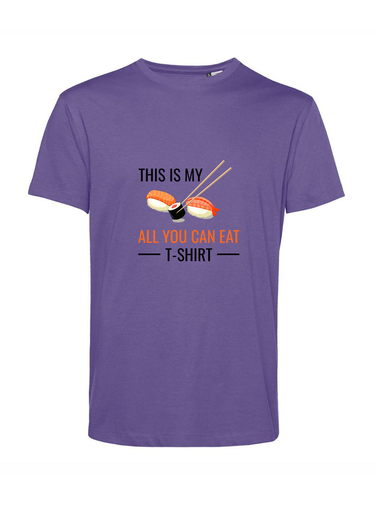 Maglietta viola con disegno sushi e scritto "My all you can eat t-shirt" 